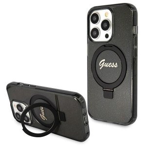 Оригинален твърд гръб GUESS Ring Stand Script Glitter MagSafe - iPhone 14 Pro черен - Img 1