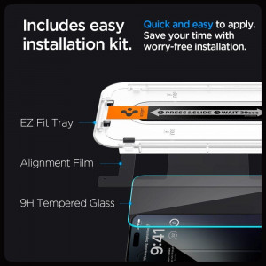 Плосък стъклен протектор SPIGEN TR Ez Fit с инструмент за поставяне - iPhone 15 Pro Max прозрачен - Img 10