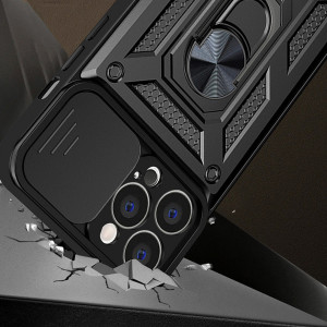 Подсилен гръб Hybrid Armor Camshield с подвижно покритие за камерата и стойка - Vivo V25 / X80 Lite черен - Img 2
