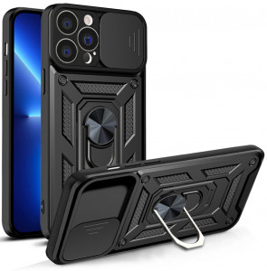 Подсилен гръб Hybrid Armor Camshield с подвижно покритие за камерата и стойка - iPhone 13 Pro черен - Img 1
