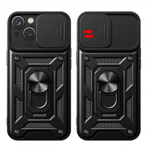 Подсилен гръб Hybrid Armor Camshield с подвижно покритие за камерата и стойка - iPhone 15 Plus черен - Img 6