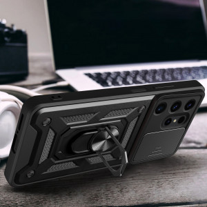 Подсилен гръб Hybrid Armor Camshield с подвижно покритие за камерата и стойка - Samsung Galaxy S24 Ultra черен - Img 8
