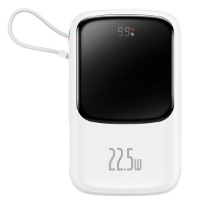 Външна батерия BASEUS Qpow Digital дисплей 10000mAh 22.5W с бързо зареждане / PD / SCP / FCP с вграден USB-C кабел бяла - Img 1