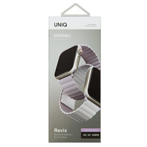Двулицева магнитна каишка UNIQ Revix - Apple Watch Ultra 49mm / Ultra 2 49mm / 45mm Series 9 / 45mm Series 8 / 45mm Series 7 / 44mm SЕ (2nd gen) / 44mm SE / 44mm Series 6 / 44mm Series 5 / 44mm Series 4 / 42mm Series 3 / 42mm Series 2 люляк / бял - Img 10