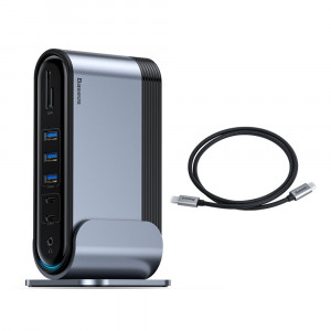 Докинг станция BASEUS 3x USB Type A 3.2 Gen.1 / 2x USB Type A 2.0 / 2x USB Type C / четец за SD и Micro SD карти / мини жак 3.5mm / 3x HDMI / RJ45 1Gbps / USB Tyype C Power Delivery 100W (EU / CN / UK стандарт) (CAHUB-DG0G) сива - Img 12