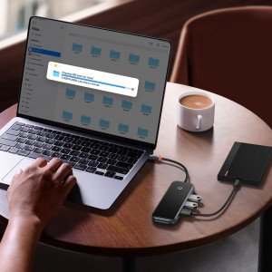 Докинг станция BASEUS AcmeJoy USB Type C към USB Type C Power Delivery & Data / 2x USB Type A 3.0 / USB Type A 2.0 / HDMI / RJ45 (WKJZ010013) тъмносива - Img 15