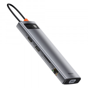 Докинг станция BASEUS Metal Gleam 11в1 USB Type C към 3x USB Type A 3.2 Gen.1 5Gbps / USB Type C Power Delivery 100W / мини жак 3.5mm / VGA Full HD 60Hz / 2x HDMI 4K 30Hz / четец за SD и Micro SD карти / RJ45 1Gbps (CAHUB-CT0G) сива - Img 4