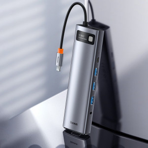 Докинг станция BASEUS Metal Gleam 11в1 USB Type C към 3x USB Type A 3.2 Gen.1 5Gbps / USB Type C Power Delivery 100W / мини жак 3.5mm / VGA Full HD 60Hz / 2x HDMI 4K 30Hz / четец за SD и Micro SD карти / RJ45 1Gbps (CAHUB-CT0G) сива - Img 15