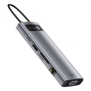 Докинг станция BASEUS Metal Gleam 9в1 USB Type C към 3x USB Type A 3.2 Gen.1 5Gbps / USB Type C Power Delivery 100W / VGA Full HD 60Hz / HDMI 4K 30Hz / четец за SD и Micro SD карти / RJ45 1Gbps (CAHUB-CU0G) сива - Img 4