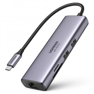 Докинг станция UGREEN 7в1 USB Type C към 2x USB Type A 3.2 Gen.1 / HDMI 4K 60Hz / четец за SD и Micro SD карти / USB Type C Power Delivery 100W / RJ45 1000Mbps (1Gbps) (60515 CM512) сива - Img 1