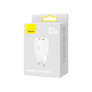Зарядно за стена BASEUS 10.5W 2x USB Type A бяло - Img 5