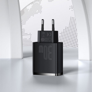 Зарядно за стена BASEUS 30W 3A 2x USB Type A / USB Type C PD QC (CCXJ-E01) черно - Img 15