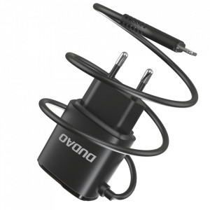 Зарядно за стена DUDAO A2 ProL 12W 2x USB Type A с вграден кабел Lightning черно - Img 2