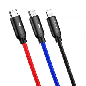 Кабел за зареждане и данни с оплетка BASEUS Three Primary Colors 3in1 USB Type A към micro USB / Lightning / USB Type C 3.5A 1.2m черен (CAMLT-BSY01) - Img 6