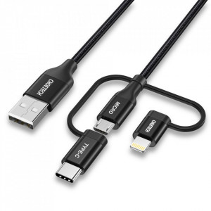 Кабел за зареждане и данни с оплетка CHOETECH 3in1с никелирани конектори MFi USB Type A към Lightning / USB Type C / micro USB черен - Img 1