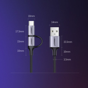 Кабел за зареждане и данни с оплетка UGREEN 2in1 USB Type A към USB Type C / micro USB 2.4A 1m (30875) черен - Img 13