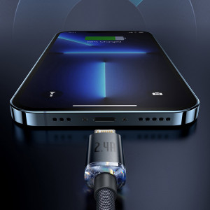 Кабел за зареждане и данни BASEUS Crystal Shine USB Type A към Lightning с бързо зареждане 2.4A 1.2m (CAJY000003) син - Img 13