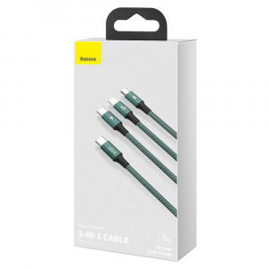Кабел за зареждане и данни BASEUS Rapid 3in1 USB Type C към USB Type C / Lightning / micro USB 20W 1.5m зелен (CAMLT-SC06) - Img 5