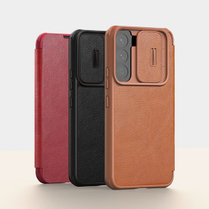 Калъф тип книга от еко кожа с подвижно покритие за камерата NILLKIN Qin Leather Pro - Samsung Galaxy S22 кафяв - Img 6