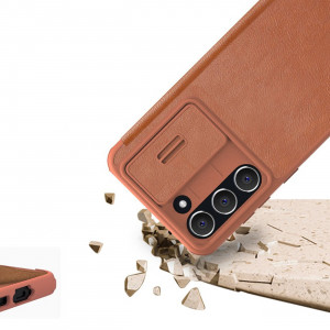 Калъф тип книга от еко кожа с подвижно покритие за камерата NILLKIN Qin Leather Pro - Samsung Galaxy S23+ кафяв - Img 15