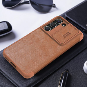 Калъф тип книга от еко кожа с подвижно покритие за камерата NILLKIN Qin Leather Pro - Samsung Galaxy S23+ кафяв - Img 20