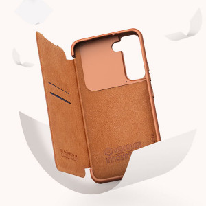 Калъф тип книга от еко кожа с подвижно покритие за камерата NILLKIN Qin Leather Pro - Samsung Galaxy S22+ кафяв - Img 11