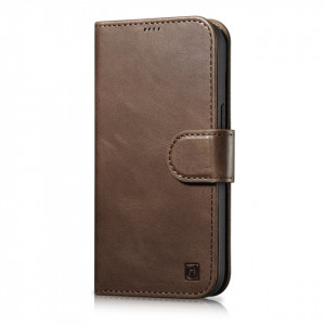Калъф тип книга от естествена кожа iCARER Oil Wax Wallet 2в1 против кражба - iPhone 14 Pro Max кафяв - Img 1