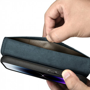Калъф тип книга от естествена кожа iCARER Oil Wax Wallet 2в1 против кражба - iPhone 14 Pro Max син - Img 10