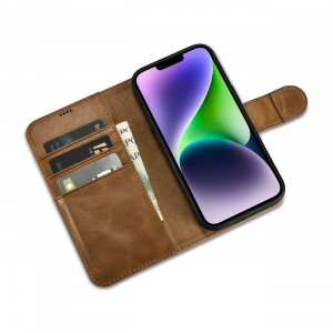 Калъф тип книга от естествена кожа iCARER Oil Wax Wallet 2в1 против кражба - iPhone 14 кафяв - Img 14