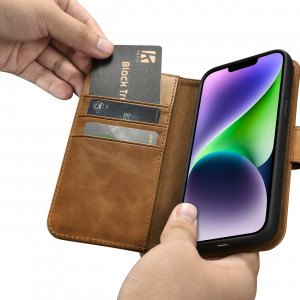 Калъф тип книга от естествена кожа iCARER Oil Wax Wallet 2в1 против кражба - iPhone 14 Plus кафяв - Img 12