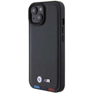 Оригинален гръб от естествена кожа BMW Leather Stamp Tricolor BMHCP15S22PTDK - iPhone 15 черен - Img 2