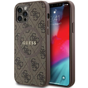 Оригинален гръб GUESS 4G Collection Leather Metal Logo MagSafe - iPhone 12 Pro / iPhone 12 кафяв - Img 1