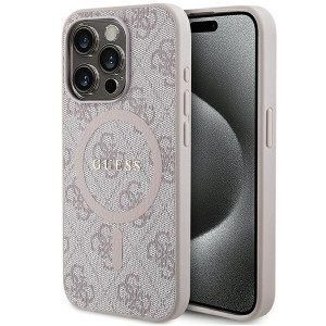 Оригинален гръб GUESS 4G Collection Leather Metal Logo MagSafe - iPhone 15 Pro розов - Img 1