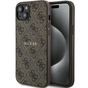 Оригинален гръб GUESS 4G Collection Leather Metal Logo MagSafe - iPhone 15 Plus / 14 Plus кафяв - Img 1