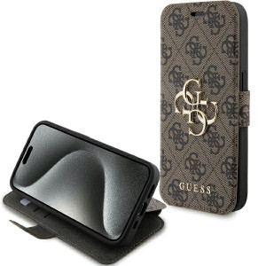 Оригинален калъф тип книга GUESS 4G Metal Logo - iPhone 15 Pro кафяв - Img 1