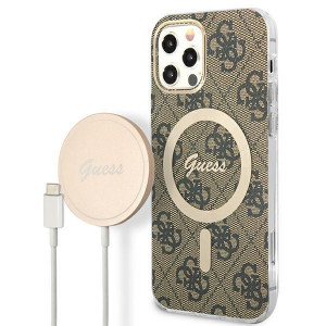Оригинален комплект GUESS 4G Print (гръб + зарядно) MagSafe GUBPP12MH4EACSW - iPhone 12 / 12 Pro кафяв - Img 1