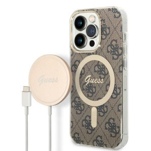 Оригинален комплект GUESS 4G Print (гръб + зарядно) MagSafe GUBPP14LH4EACSW - iPhone 14 Pro кафяв - Img 1