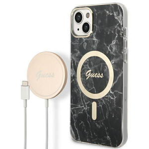Оригинален комплект GUESS Marble (гръб + зарядно) MagSafe GUBPP14MHMEACSK - iPhone 14 Plus черен - Img 1