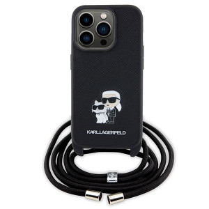 Оригинален твърд гръб с презрамка KARL LAGERFELD Saffiano Metal Pin Karl & Choupette - iPhone 15 Pro черен - Img 2