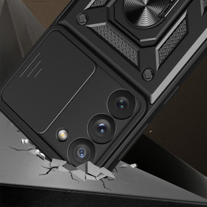 Подсилен гръб Hybrid Armor Camshield с подвижно покритие за камерата и стойка - Samsung Galaxy S23 син - Img 2