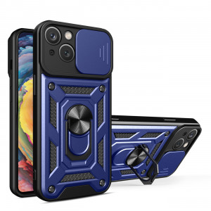 Подсилен гръб Hybrid Armor Camshield с подвижно покритие за камерата и стойка - iPhone 14 Plus син - Img 1