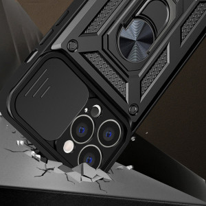 Подсилен гръб Hybrid Armor Camshield с подвижно покритие за камерата и стойка - iPhone 14 Plus син - Img 2