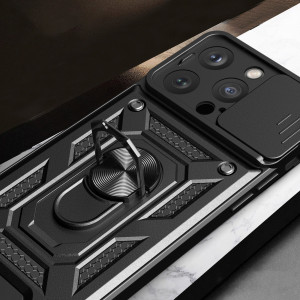 Подсилен гръб Hybrid Armor Camshield с подвижно покритие за камерата и стойка - iPhone 15 Pro Max розов - Img 5