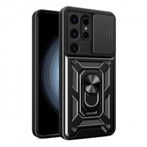 Подсилен гръб Hybrid Armor Camshield с подвижно покритие за камерата и стойка - Samsung Galaxy S24 Ultra черен - Img 1