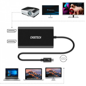 Видео адаптер CHOETECH USB Type C (Thunderbolt 3 40Gbps) към 2x DisplayPort 4K, 60Hz, (HUB-D03) черен - Img 2