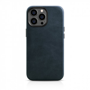 Гръб от естествена кожа iCARER Leather Oil Wax Premium MagSafe - iPhone 14 Pro Max тъмносин - Img 1