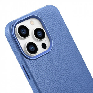 Гръб от естествена кожа iCARER Litchi Premium MagSafe - Leather Case - iPhone 14 Pro Max светлосин - Img 10