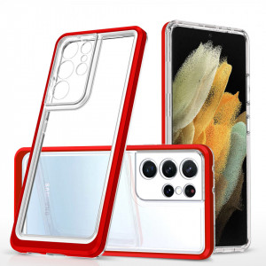 Гръб Clear 3в1 с гел рамка - Samsung Galaxy S21 Ultra 5G червен - Img 1