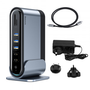 Докинг станция BASEUS 3x USB Type A 3.2 Gen.1 / 2x USB Type A 2.0 / 2x USB Type C / четец за SD и Micro SD карти / мини жак 3.5mm / 3x HDMI / RJ45 1Gbps / USB Tyype C Power Delivery 100W (EU / CN / UK стандарт) (CAHUB-DG0G) сива - Img 1
