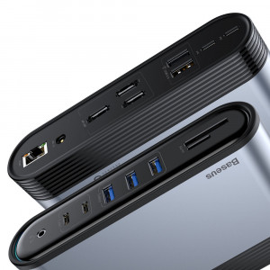 Докинг станция BASEUS 3x USB Type A 3.2 Gen.1 / 2x USB Type A 2.0 / 2x USB Type C / четец за SD и Micro SD карти / мини жак 3.5mm / 3x HDMI / RJ45 1Gbps / USB Tyype C Power Delivery 100W (EU / CN / UK стандарт) (CAHUB-DG0G) сива - Img 9